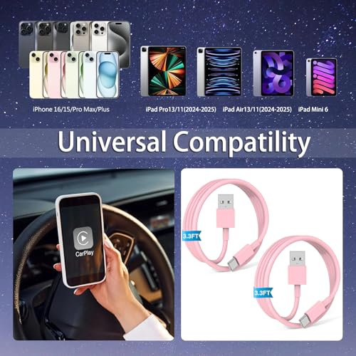 Pink Car Accessories USB C Cable 3ft Car Charger for i Phone 17E USB A to C Fast Charging for iPhone 17 Air 15 Pro Max 16 Plus, iPad Air Pro, Samsung Galaxy Z Flip 7/6/5/4/Z Fold SE/A16/A15/A54 2Pack - color: PINK A-C 3FT ×2