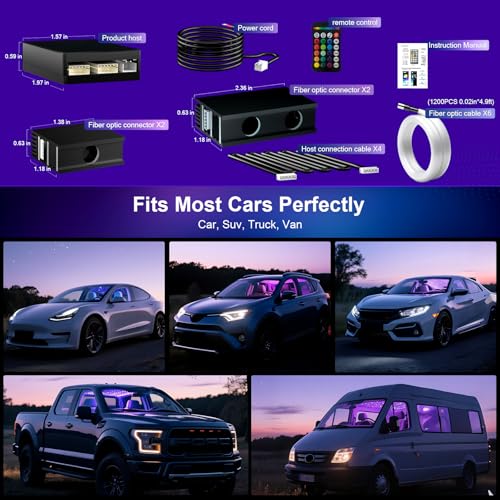Split Starlight Headliner Kit - 1200pcs 0.02in 4.9ft Fiber Optic RGBW Star Lights for Car with 6 Light Heads 16W Engine Easy to Hide,Flexible Wiring,APP/Remote Control for Car Roof Ceiling - size: 1+6+1200*0.5*1.5m