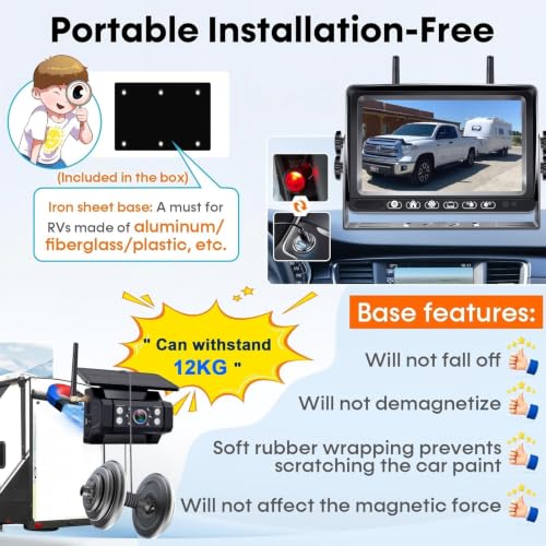 RV Backup Camera with Solar Magnetic - 50 FT Long Distance No Signal Delay - size: 7.1" RV Trailer Backup Camera