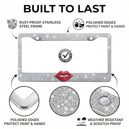 White Bling License Plate Frame for Women, Red Rhinestone Lips - color: White Frame + Red Lip
