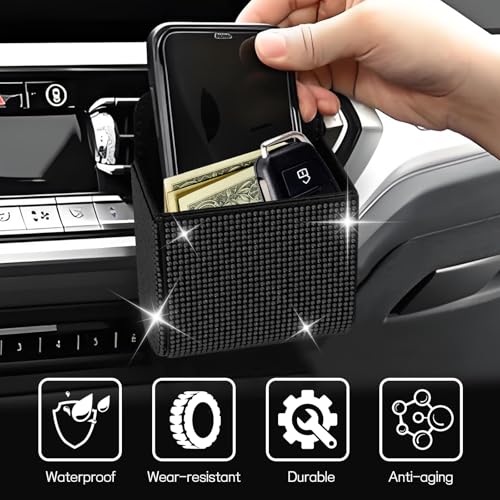 Car Vent Storage Organizer, Rhinestone Car Air Vent Leather Storage Pouch, Bling Automotive Hanging Bag Pocket Case, Universal Auto Mount Cell Phone Sunglasses Coin Holder (Black) - color: Black