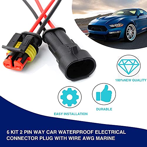 6 Kit 2 Pin Car Connector Waterproof Electrical Connector, Male and Female Way 18 AWG Wire Plug Socket Kit for Truck, Motorcycle, Boat and Other Wire Connection - size: 2-Pin