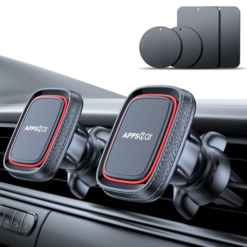 APPS2Car 2 Pack Magnetic Phone Car Mount, Car Phone Holder Mount Magnetic, Built in 6 Strong Magnets, Air Vent Cell Phone Holder for Car with Adjustable Secure Tightening System - color: Black-Red