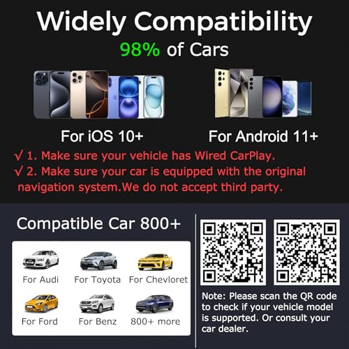 Wireless CarPlay Adapter 2026 Upgraded,CarPlay & Android Auto 2-in-1, Mini USB Design for Cars with Wired CarPlay,Fast Auto-Connect,Plug & Play,for iOS 10+, Android 11+ Version (Stripe)