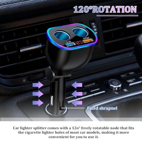 Ankuee Car Cigarette Lighter Splitter, 12/24V 2-Socket Vehicle Charger Adapter with Voltmeter QC3.0 & USB Port 2.4A, Automotive Charging Accessories for GPS Dash Cam Phone, Universal Fit