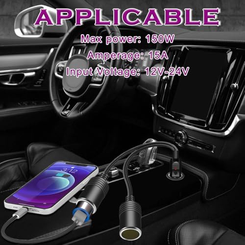 1 to 2 Car Cigarette Lighter Splitter 12V-24V DC Dual Power Charger Port 11 Inch UL Extension Wire 2 Way Y Adapter with 15A Fuse Dust Cover Cable Ties for RV Truck Boat