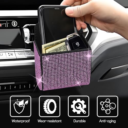 Car Vent Storage Organizer, Rhinestone Auto Air Vent Leather Storage Pouch, Bling Automotive Hanging Bag Pocket Case, Universal Car Mount Cell Phone Sunglasses Coin Holder (Pink) - color: Pink