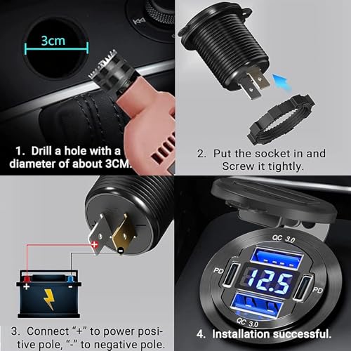 2 Pack 12V USB Outlet, Waterproof Marine USB Port with Voltmeter - color: Pack of 2