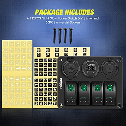 Nilight 4 Gang Rocker Switch Panel SPST On Off 12 Volt Toggle Green - color: Green, size: 4+3 Gang Dual USB
