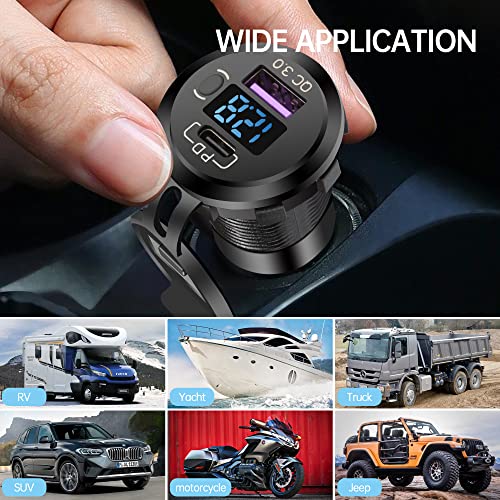 Quick Charge 3.0 Dual USB Car Charger Socket with LED Voltmeter and ON Off Switch Fused Wire Kit 12V/24V PD QC3.0 Fast Charge USB Outlet for Car Boat Marine RV Truck Golf