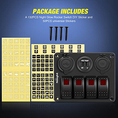 Nilight 4 Gang Rocker Switch Panel SPST On Off 12 Volt Toggle Red - color: Red, size: 4+3 Gang Dual USB