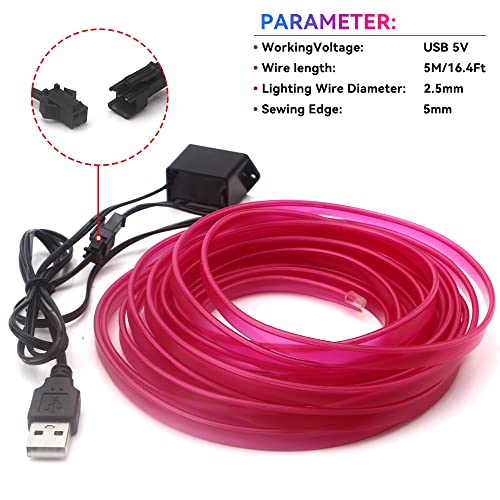 Keiurot Pink EL Wire Neon Light, 16FT USB 5V for Car Interior Trim - color: Pink
