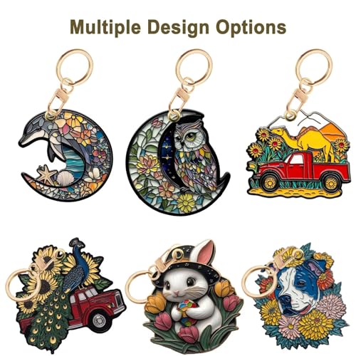 Owl Leather Keychain Case Holder,GPS Tacker With Keychain Ring,Stained Glass Style Access Card Scratch-Resistant,Finders Accessories For Pets, Luggage, Wallet, Backpacks - color: Owl
