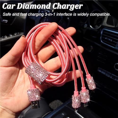 Bling Dual USB Car Charger, Rhinestone 3-in-1 Cable, Pink - color: Pink