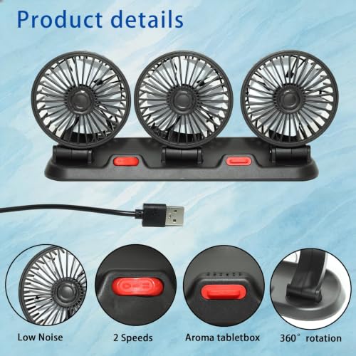USB Triple Head Car Cooling Fan, 5V Brushless Motor, 2 Speeds, 360° Rotation, Dashboard Mount, for Cars, SUVs, Trucks, RVs & Desk Use - color: three heads-5V