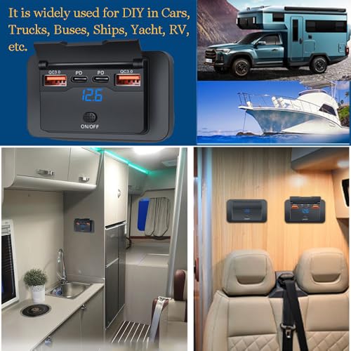 ON Off Switch 4 Ports USB Car Charger Total 72W, DC 12-24V, USB C PD Max 36W, USB A QC Max 18W, Dashboard Flush Mount Charge Outlet Socket for RV Bus Boats Truck, Blue Voltage Light