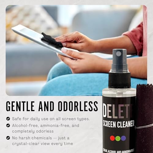Delete Screen Cleaner Spray Kit, 2 Pack, 2oz Bottle and 2x 6"x6" Microfiber Cleaning Cloth, Streak-Free, Safe and Gentle Formula, Multi-Purpose for Travel, Small TVs, Cameras, Laptops, Phones - style: 2 Pack, 2oz