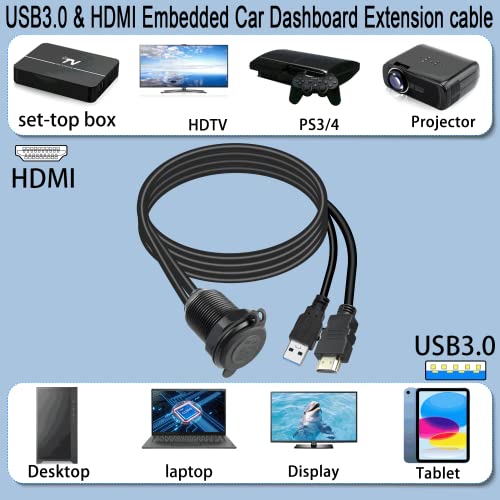 QIANRENON USB3.0 & HDMI Embedded Car Waterproof Cable USB3.0+HDMI 1.4 Threaded Fixed Mount Data Extension Cable, LED Light, Aluminum Housing, for Dashboard Car Boat Motorbike, 2M/6.5ft