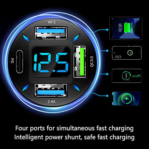 Car Charger 66W Super Fast Charging with USB PD&QC 3.0(Voltmeter&LED Lights) Universal Quick Charge for 12-24V Car Cigarette Lighter Plug,Compatible with iPhone 14 13 12,S22 S21 S20,iPad(Black) - color: Black