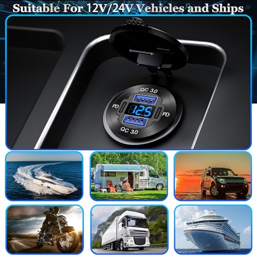 84W 4-Port 12V/24V USB Car Charger Socket with Dual PD3.0 & Dual QC3.0 Fast Charging, Aluminum Alloy Waterproof USB C Outlet with LED Voltmeter, Compatible for Cars Boats Trucks RVs Motorcycles Marine