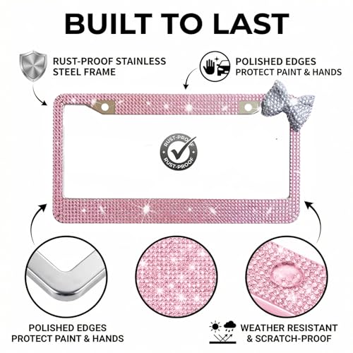 Wanheart 1 Pack Pink Bling License Plate Frame with White Corner Bow - color: Pink Frame + White Bow