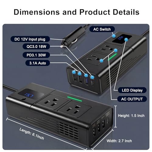 200W Car Power Inverter DC 12V to 110V AC Outlet fit for Tesla/Car/Truck