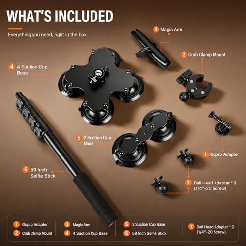 BMZX Dual & Quad Suction Cup Car Mount Kit for Insta360 X5 X4 X3, 360 Camera Car Mount for GoPro & DJI Action Cameras, Heavy Duty Windshield Mount with Magic Arm & Extension Pole