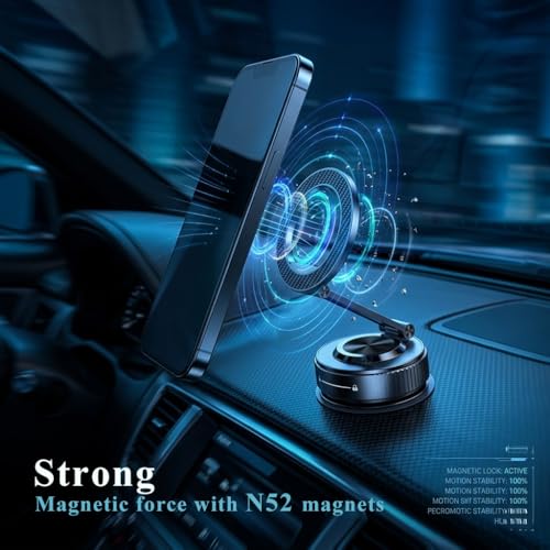 Magnetic Phone Holder for Car,Vacuum Suction Cup Phone Holder,Heavy-Duty Metal Arm&Head, Magsafe Car Mount for iPhone, 360° Adjustable Dashboard Mount,Folding Holder for iPhone and Android