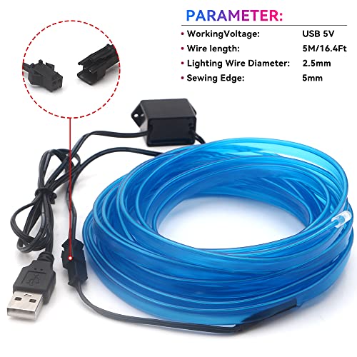 Keiurot Blue EL Wire Neon Light, 16FT USB 5V for Car Interior Trim - color: Blue