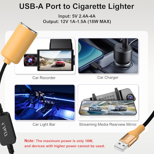 J&D USB A Male to 12V Car Cigarette Lighter Socket Female Converter Cable, 1 ft, 12V 18W Power Adapter, Compatible with Dash Cam, GPS, Car LED Light Strips, Yellow - color: Yellow, size: 1 Feet/ 30 CM