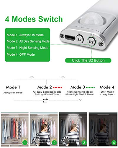goodland Under Cabinet Lighting 80 LED Closet Light, Motion Sensor Lights Indoor USB Rechargeable Dimmable Stick-on Night Light Bar for Kitchen, Wardrobe, Garage, Stairs, Bedroom (3 Packs) - size: 9.05 inch 3 Packs 80 LED