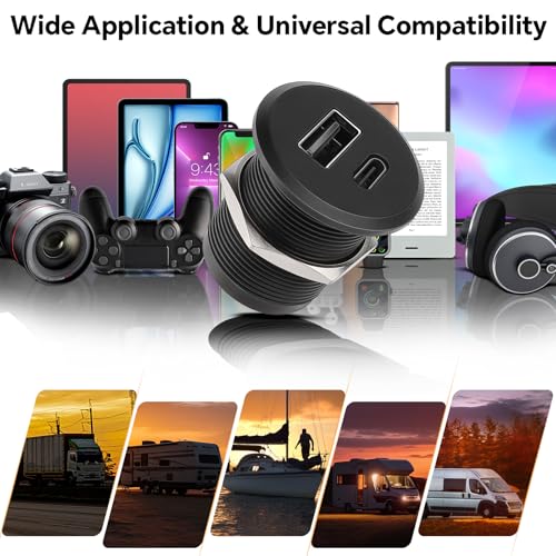 12V RV USB Outlet DC 12-24V QC & PD Charging Port 24W High-speed Charging Socket, Flush Mount USB Fast Aluminum Charger for Camper Car Boat Truck Drill Hole 7/8-inch (Nut Lock * 2) - size: Small * 2