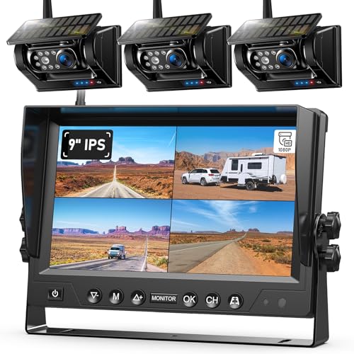 3 Magnetic Solar Wireless Backup Camera System, Quad RV Rearview Backup Cameras Wireless System with HD1080P 9 Inch DVR Monitor for Trailer RV Trucks, Built-in 9600mAh Solar Battery, ZEROXCLUB BL903 - size: 9"-3 Cam