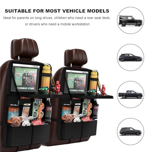 2 PCS Car Backseat Organizer with Tray, Waterproof Back Seat Protector with Touch Screen Tablet Holder, 11 Storage Pockets Anti-Scratch Kick Mat Universal for Family Road Trips