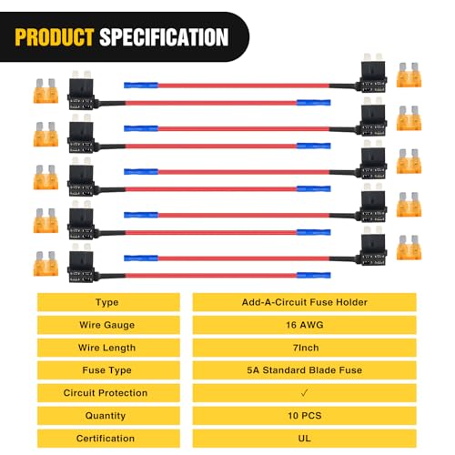 Nilight 10 Pack 12V Add-a-Circuit Standard ATO/ATC Fuse Tap Adapters 5A - color: Multicolor