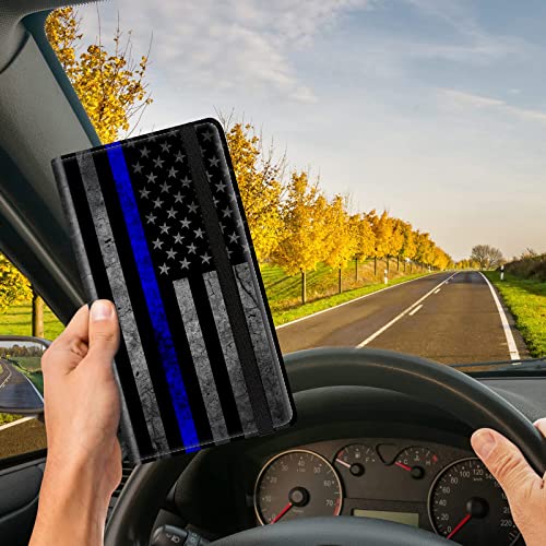 Car Registration and Insurance Card Holder, Premium Leather Vehicle Wallet Cover for Glove Box Car Organizer Drivers License / Cards / ID - Essentials Document Holder, Thin Blue Line American Flag - color: Thin Blue Line American Flag
