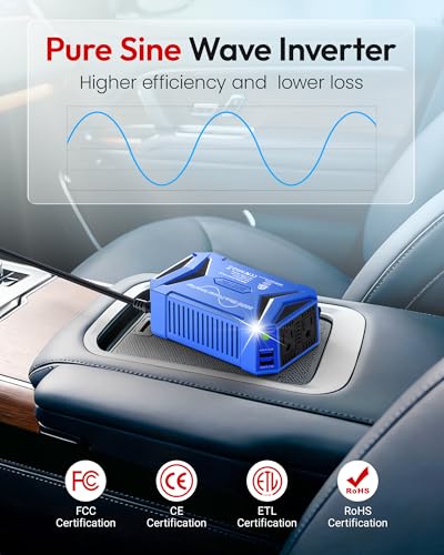 BESTEK Pure Sine Wave Power Inverter, 300W DC 12-17V to 110V AC Car Adapter - color: Blue