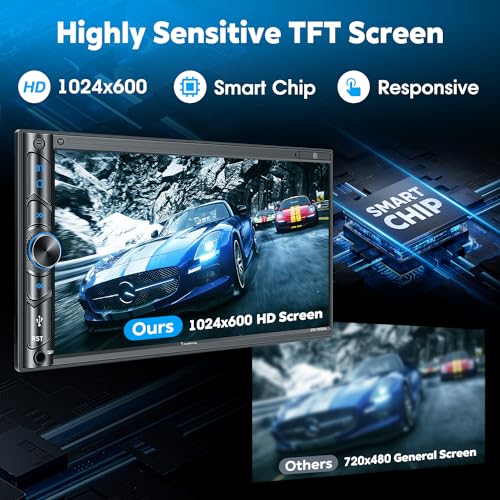 Upgrade Wireless Double Din Car Stereo with Carplay, Android Auto, Bluetooth, 4-Channel RCA, High Power, 2 Subwoofer Ports, 7" HD Capacitive Touchscreen Car Radio, Backup Camera, Audio Receiver - color: Black Wireless Car Stereo