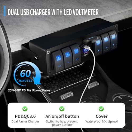 Joinfworld 6 Gang Rocker Switch Box Waterproof 12V SPST ON/Off lED Light Bar Switch Panel with Dual USB Outlet PD3.0 & QC3.0 Car USB Port for Boat Marine Automotive Car Truck RV UTV - size: 6 Gang