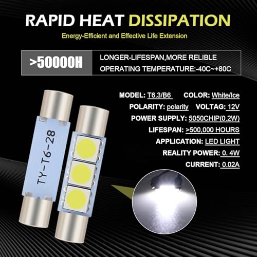 10 PCS Car T6 Vanity Mirror Sun Visor LED Light, 5050-3SMD 12V Flat Head Dual Tip 180 Degree Lighting Reading Lamp, Plug and Play Interior Lighting Kit, Suitable for Most Cars (White)