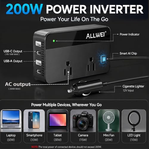ALLWEI 200W Car Power Inverter 12V DC to 110V AC with USB C