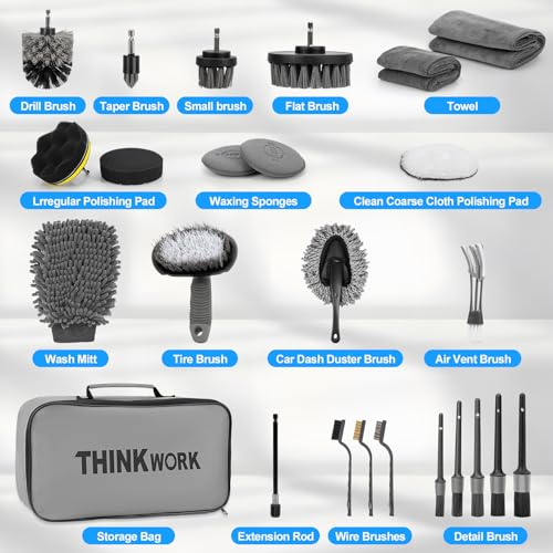 THINKWORK Car Detailing Kit with Multi-Size Drill Brushs & Extension Pole - size: 27PCS