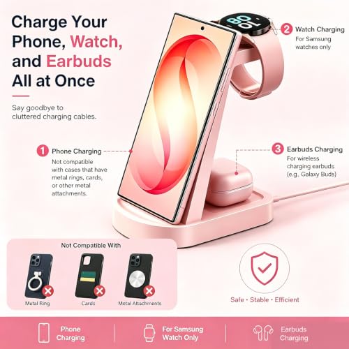 Wireless Charger for Samsung, Wireless Charging Station for S26, Watch 8 - color: Pink
