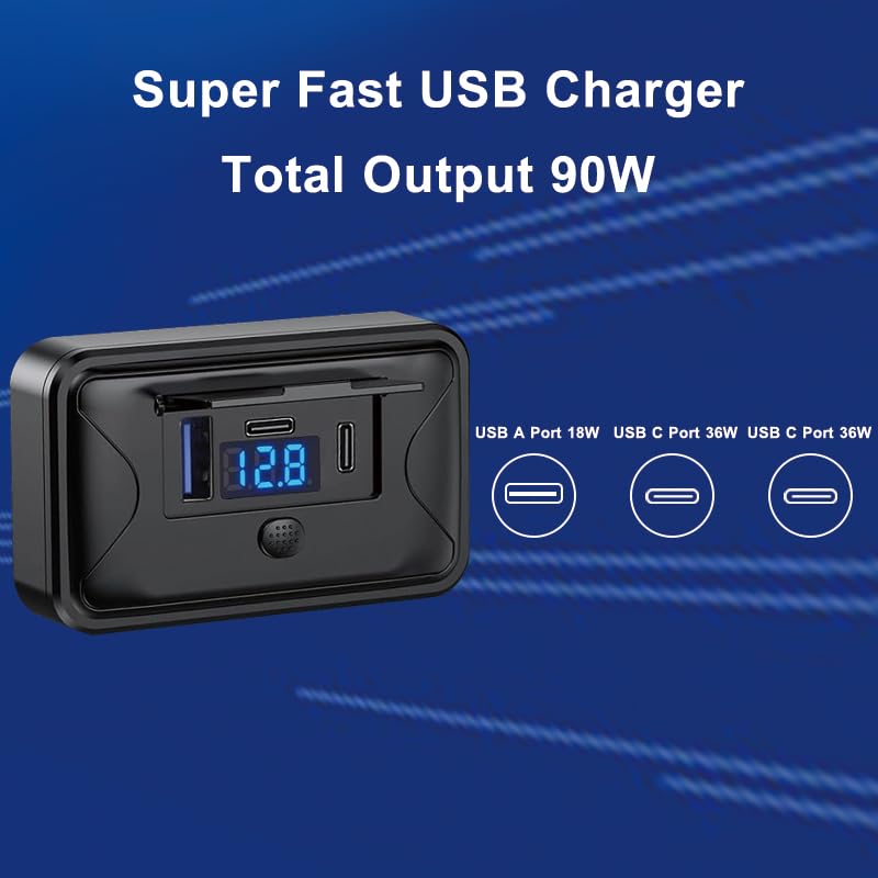 90W 12V USB Outlet Panel Mount Dual PD 36W QC 18W Switch Voltmeter Marine - size: Dual PD+QC