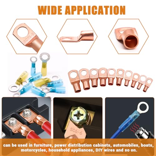 mankk 130PCS Copper Wire Lugs AWG 2 4 6 8 10 12 14 16 Gauge Battery Terminal Connectors Battery Cable Ends Connectors Copper Ring Terminal Kit with Heat Shrink - color: 130PCS