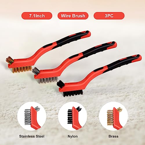 MAXMAN Wire Brush Set 3Pcs, Small Scratch Brush, Rust Scrub Detailing - style: 3 PCS Brass/Stainless Steel/Nylon Bristles Red
