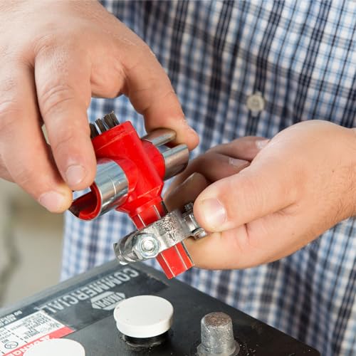 EZRED 4-Way Battery Terminal Cleaning Automotive Maintenance Tool, Clean Out Terminal Clamps, Clean and Reshape Posts, Brush Away Corrosion