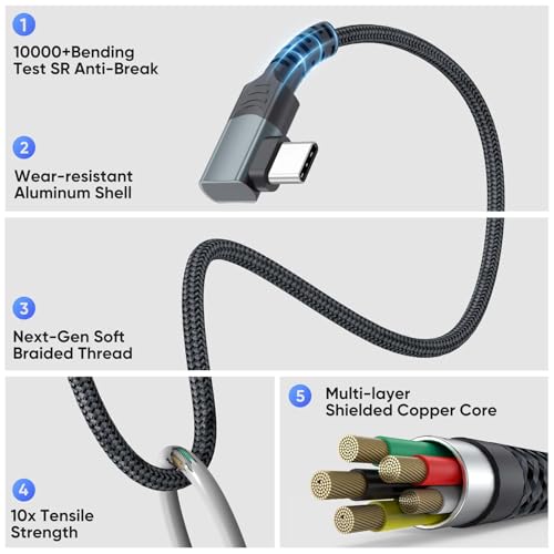 15ft USB C Cable Right Angle, 3A Fast Charging 90 Degree USB C Cord Long - size: 15 Feet