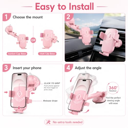 Car Phone Holder, 360 Degree Strong Suction Phone Mount, Pink - color: Pink