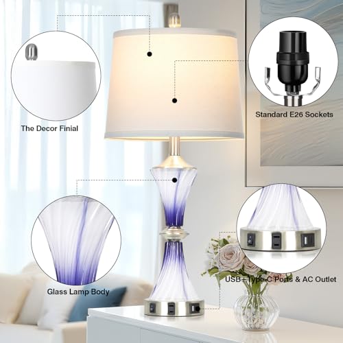 Rinweey Purple Glass Table Lamp Set of 2 with USB C+A Ports & AC Outlet, Bedside Lamp, Modern Bedroom Lamps, Crystal Lamp for Night Stands Bedroom Living Room,Nightstand Lamp LED Bulbs Included - color: Purple